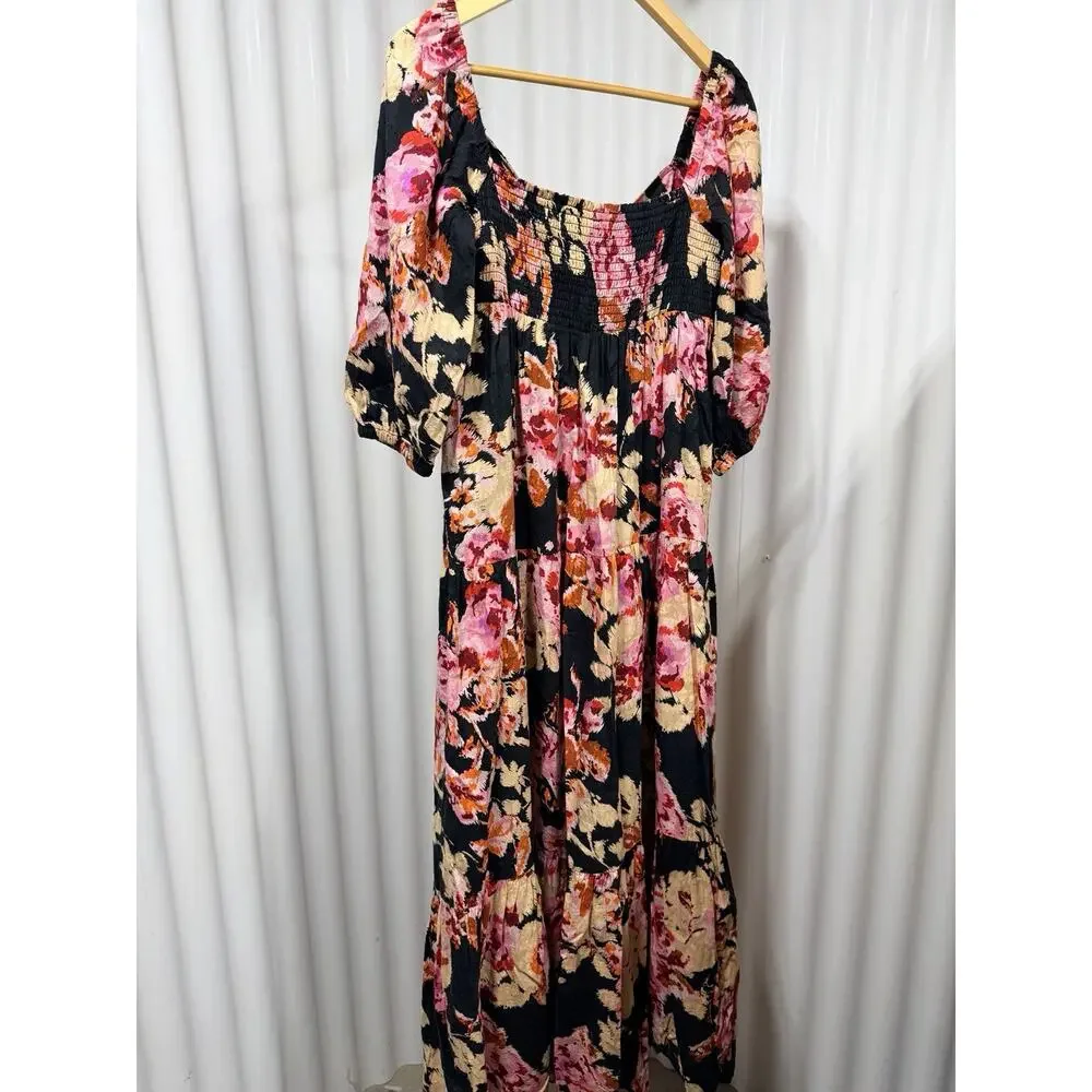 Anthropologie Black Blossom Tiered Puff Sleeve Maxi Dress Sz Sm Floral Smocked